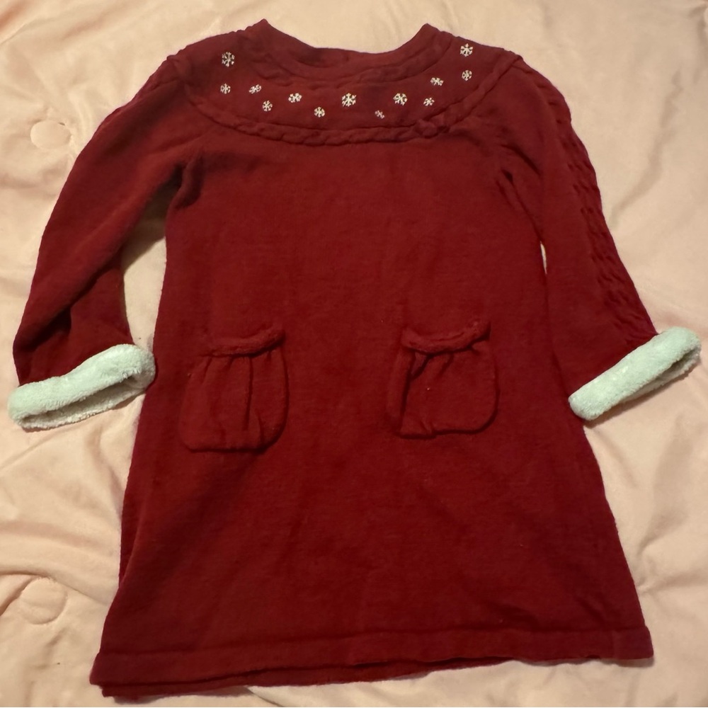 Red Long-Sleeve Christmas Dress with snow Embroidery. Vintage